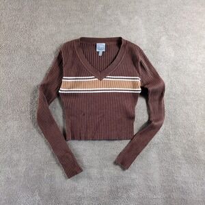 VTG Y2K The Slope Brown Ribbed Knit V Neck Long Sleeve Crop Top Striped M